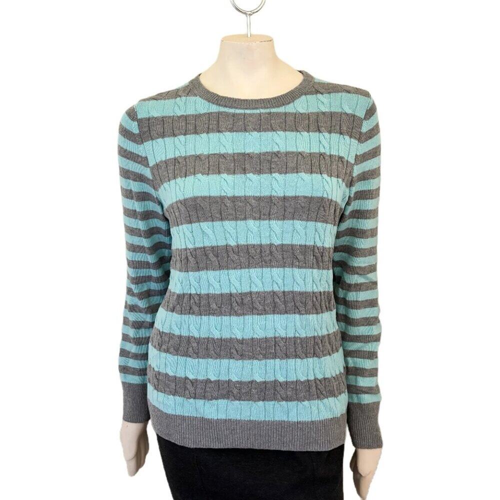 TALBOTS Cable Knit Striped Crewneck Sweater in Blue Gray  Lambswool  SZ 10